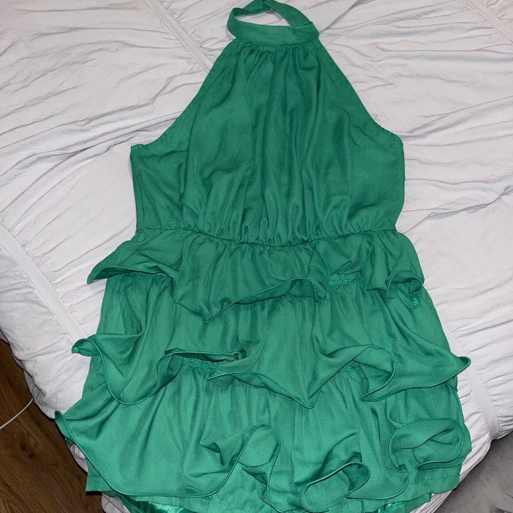 Emerald green ruffle halter romper